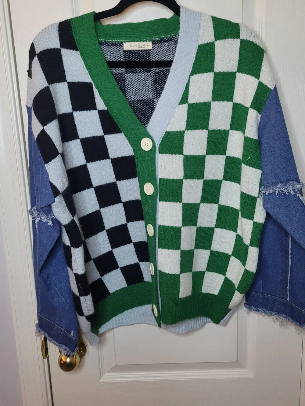 ILLA ILLA Checkerboard Button-Front Cardigan With Denim Sleeves Sz S/M NWOT
